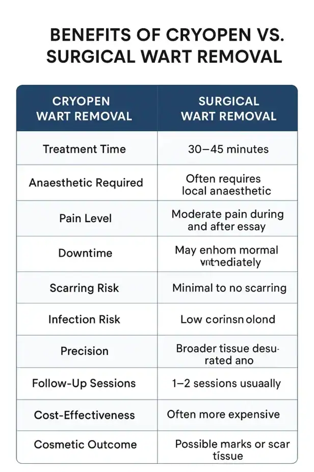 Table showing the benefits of cryopen to remove warts Wrexham compared to surgical treatment